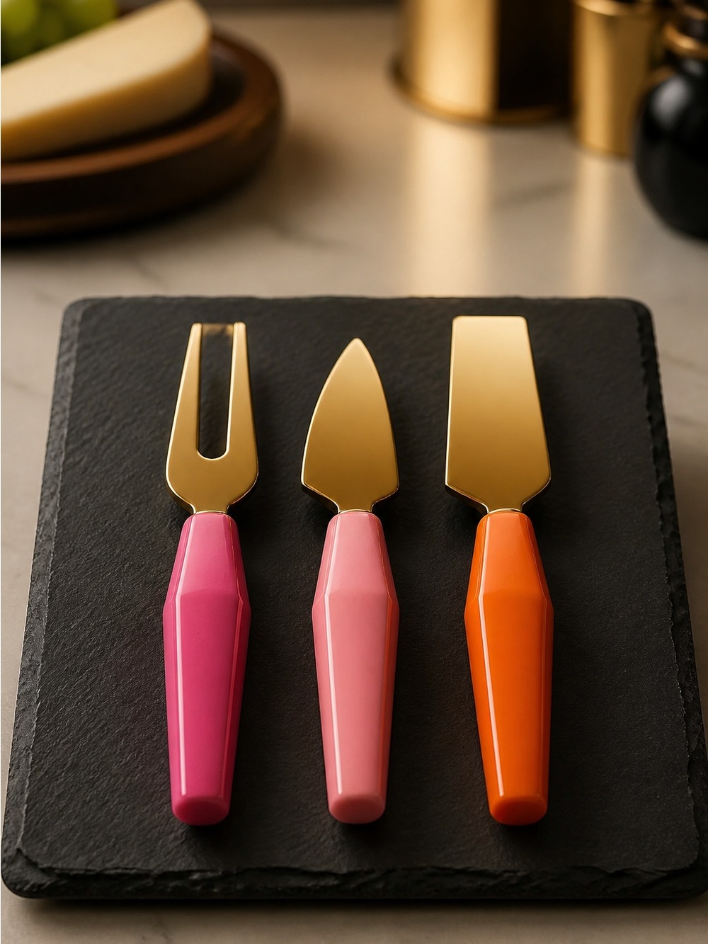 Gold Cheese Knife Set with Pink, Light Pink & Orange Handles NWOT